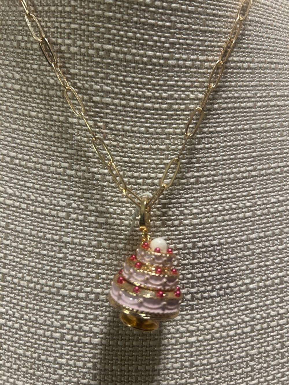 Gold Chain Necklace with Pink Enamel Bell Pendant by
